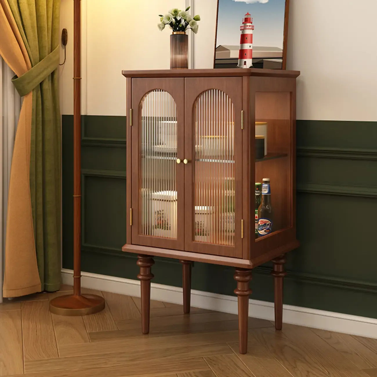 Traditional Black Wood Fluted & Clear Glass Storage Cabinet