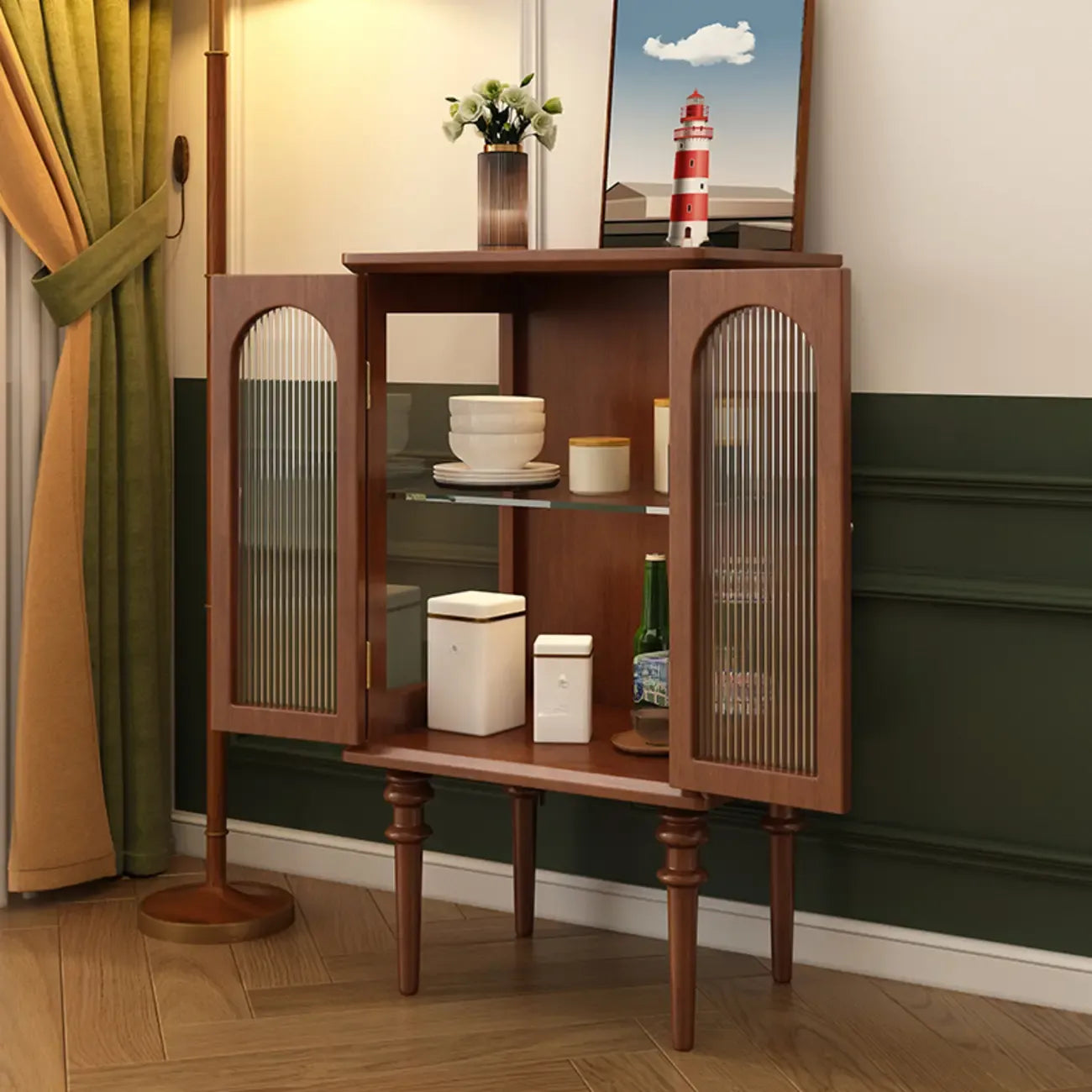 Traditional Black Wood Fluted & Clear Glass Storage Cabinet