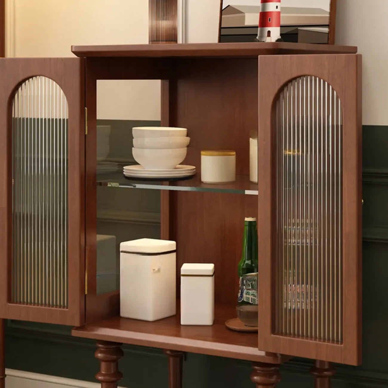 Traditional Black Wood Fluted & Clear Glass Storage Cabinet