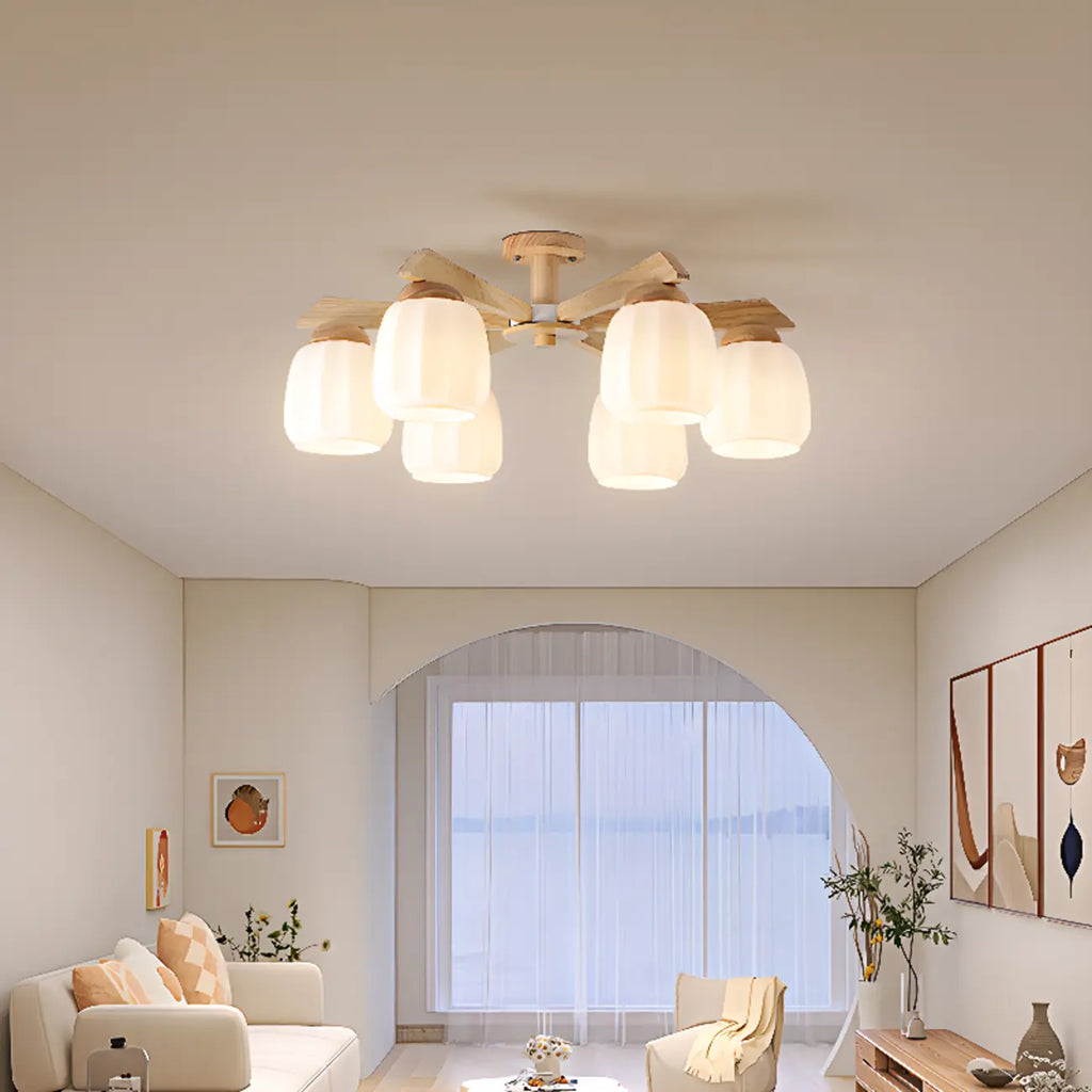 Scandinavian White Glass Jar Wooden Semi Flush Ceiling Light