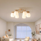 Scandinavian White Glass Jar Wooden Semi Flush Ceiling Light