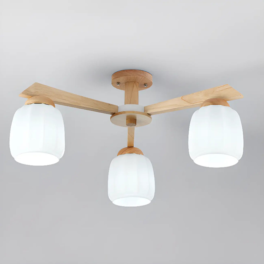 Scandinavian White Glass Jar Wooden Semi Flush Ceiling Light