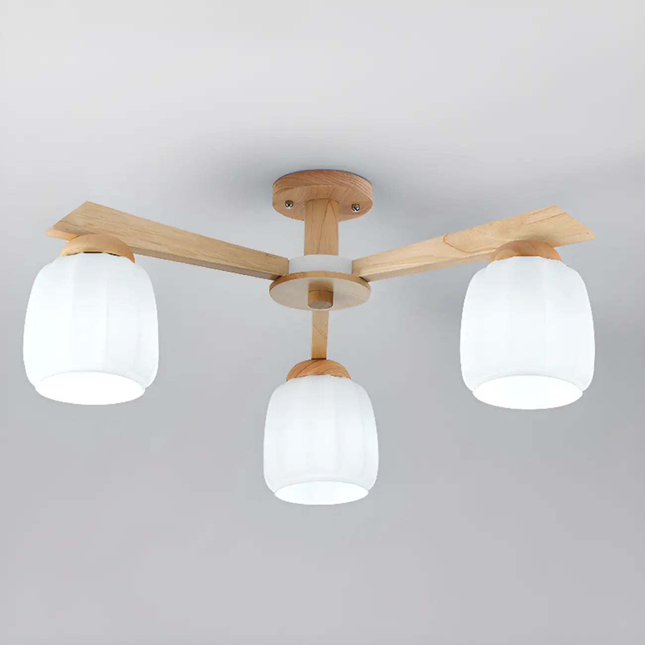 Scandinavian White Glass Jar Wooden Semi Flush Ceiling Light