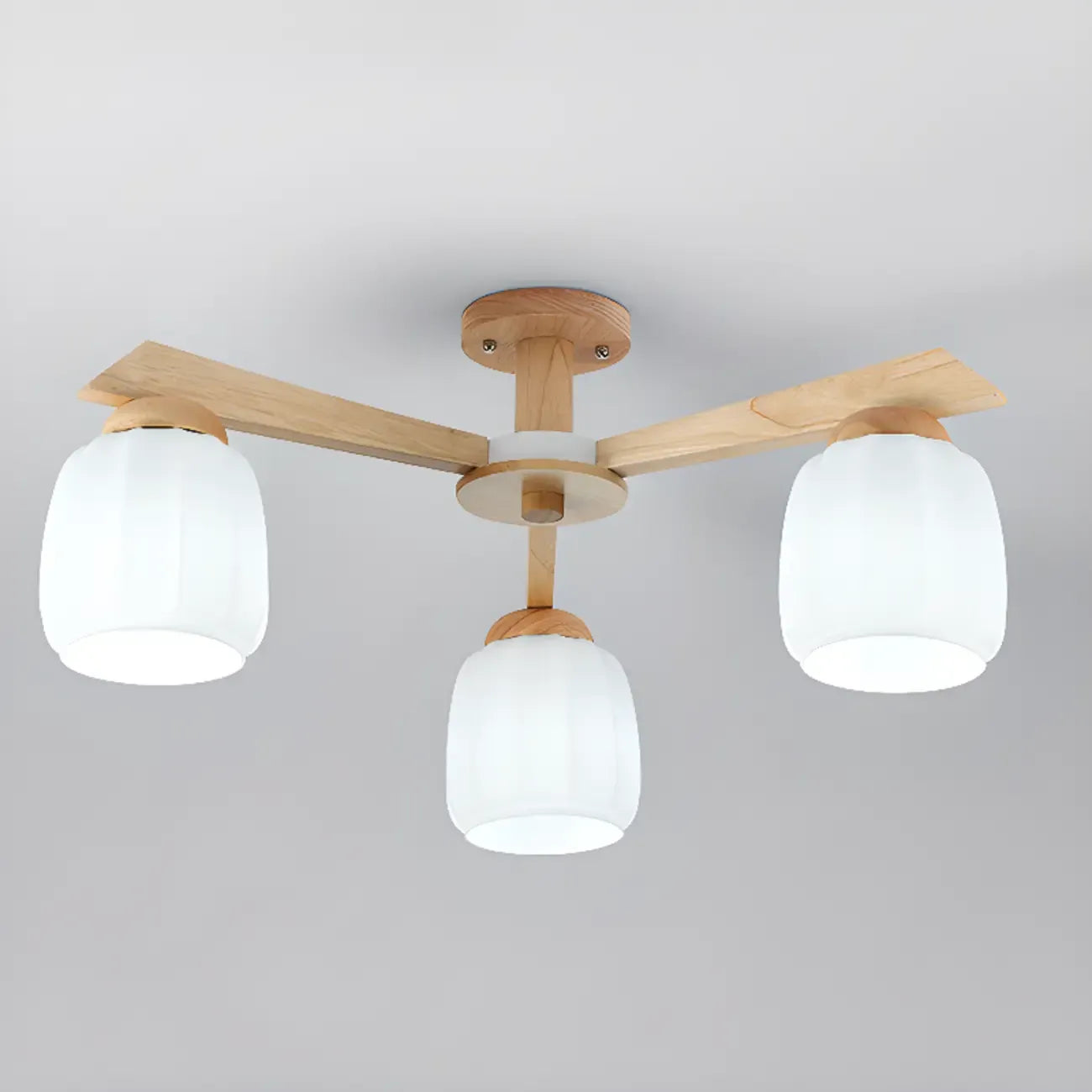 Scandinavian White Glass Jar Wooden Semi Flush Ceiling Light