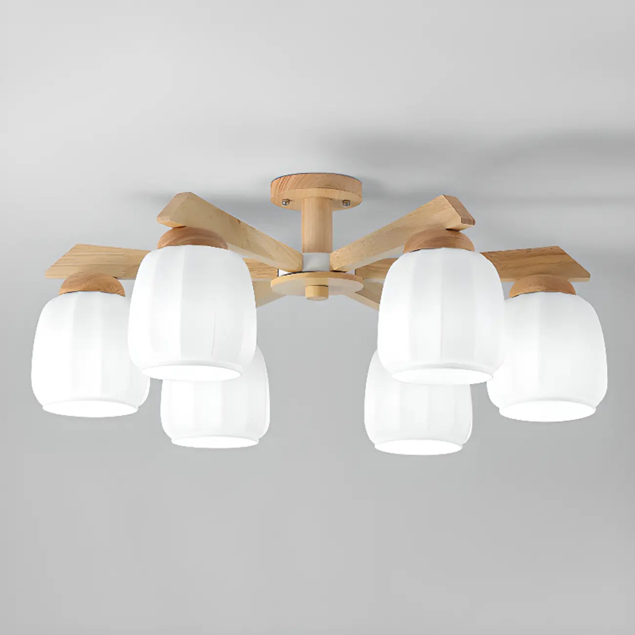 Scandinavian White Glass Jar Wooden Semi Flush Ceiling Light