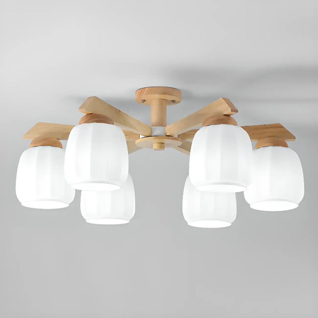 Scandinavian White Glass Jar Wooden Semi Flush Ceiling Light