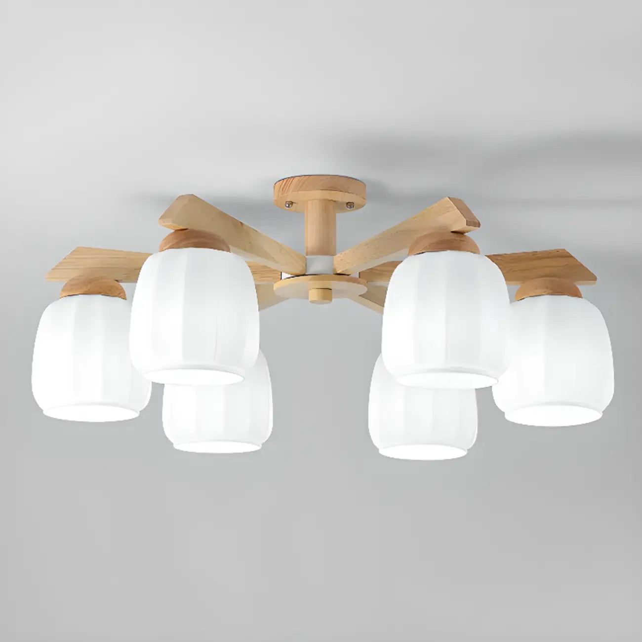 Scandinavian White Glass Jar Wooden Semi Flush Ceiling Light