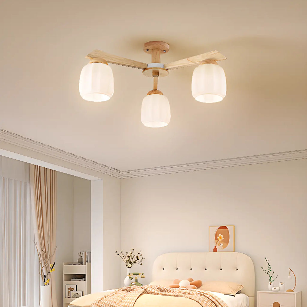 Scandinavian White Glass Jar Wooden Semi Flush Ceiling Light
