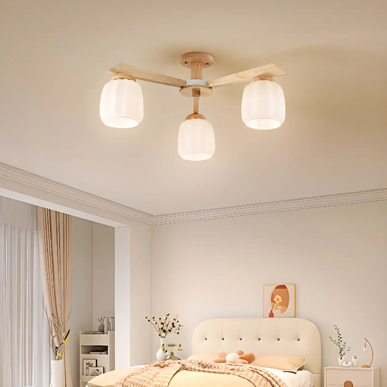 Scandinavian White Glass Jar Wooden Semi Flush Ceiling Light