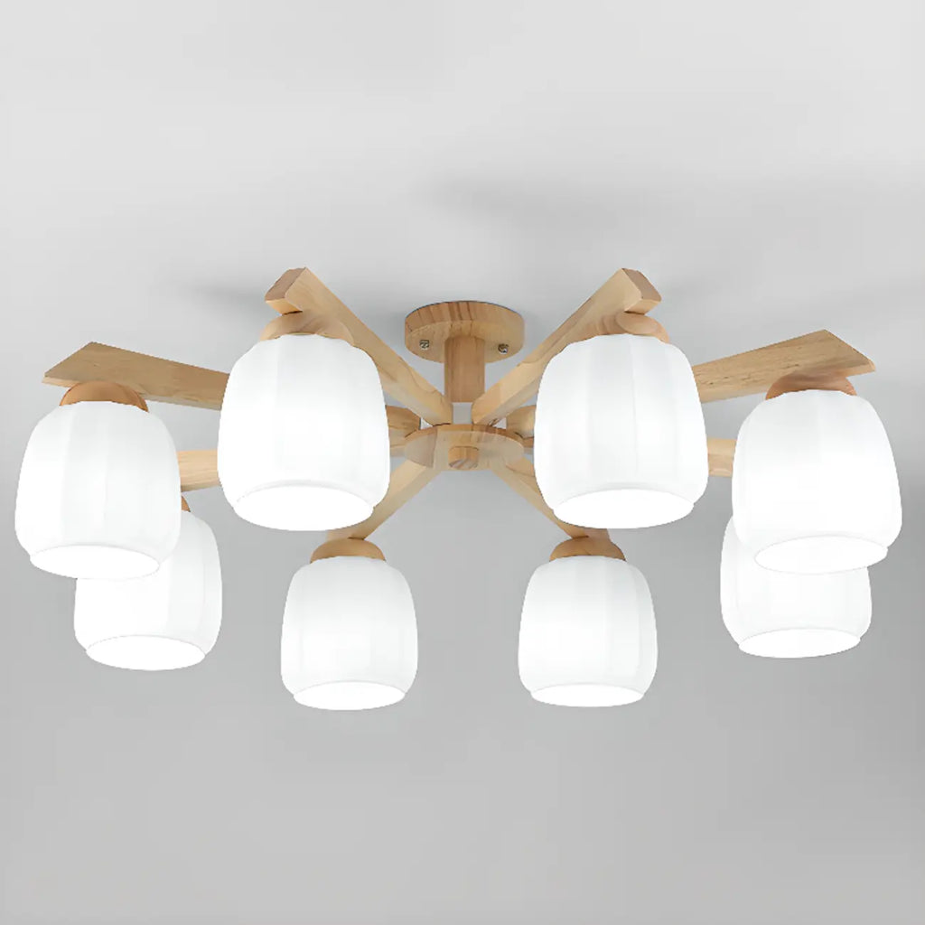 Scandinavian White Glass Jar Wooden Semi Flush Ceiling Light