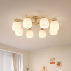 Scandinavian White Glass Jar Wooden Semi Flush Ceiling Light