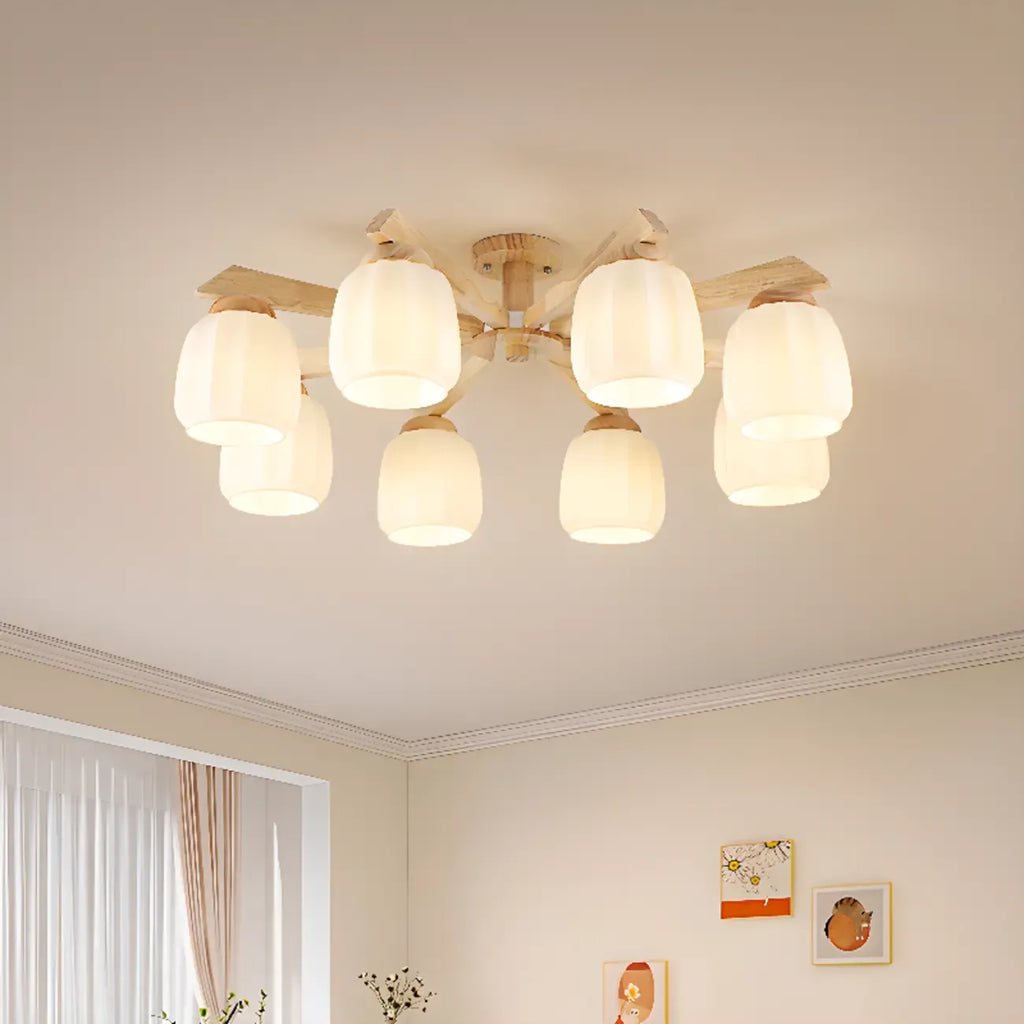Scandinavian White Glass Jar Wooden Semi Flush Ceiling Light