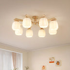 Scandinavian White Glass Jar Wooden Semi Flush Ceiling Light