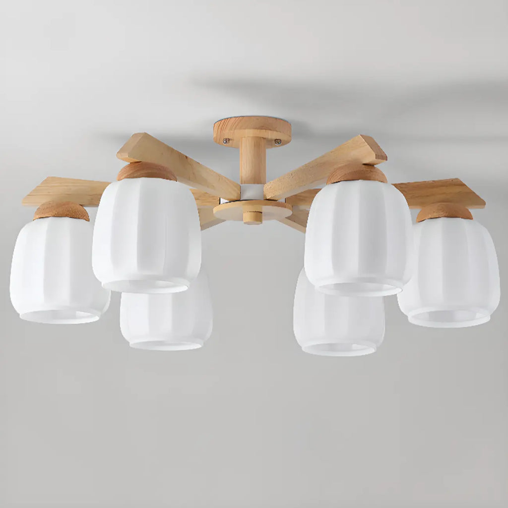 Scandinavian White Glass Jar Wooden Semi Flush Ceiling Light