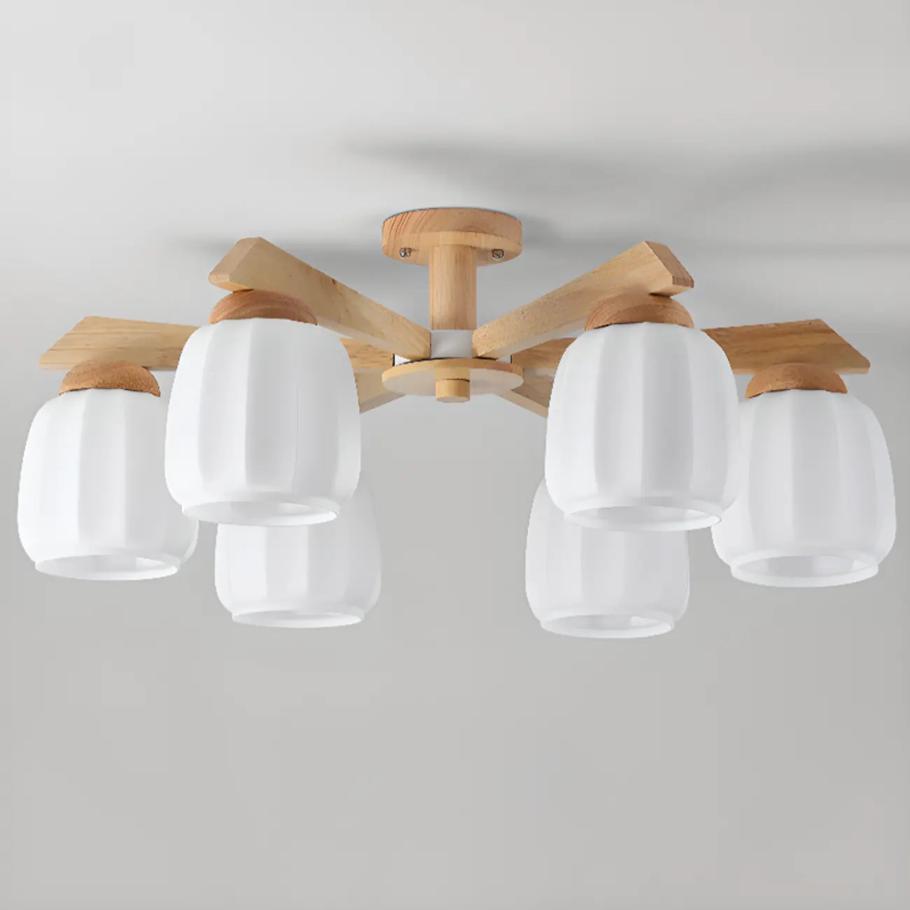 Scandinavian White Glass Jar Wooden Semi Flush Ceiling Light