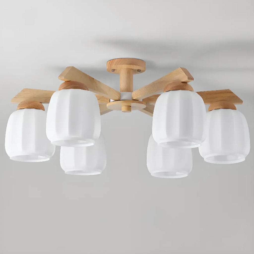 Scandinavian White Glass Jar Wooden Semi Flush Ceiling Light