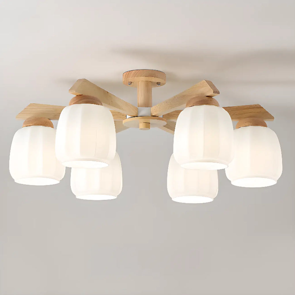 Scandinavian White Glass Jar Wooden Semi Flush Ceiling Light