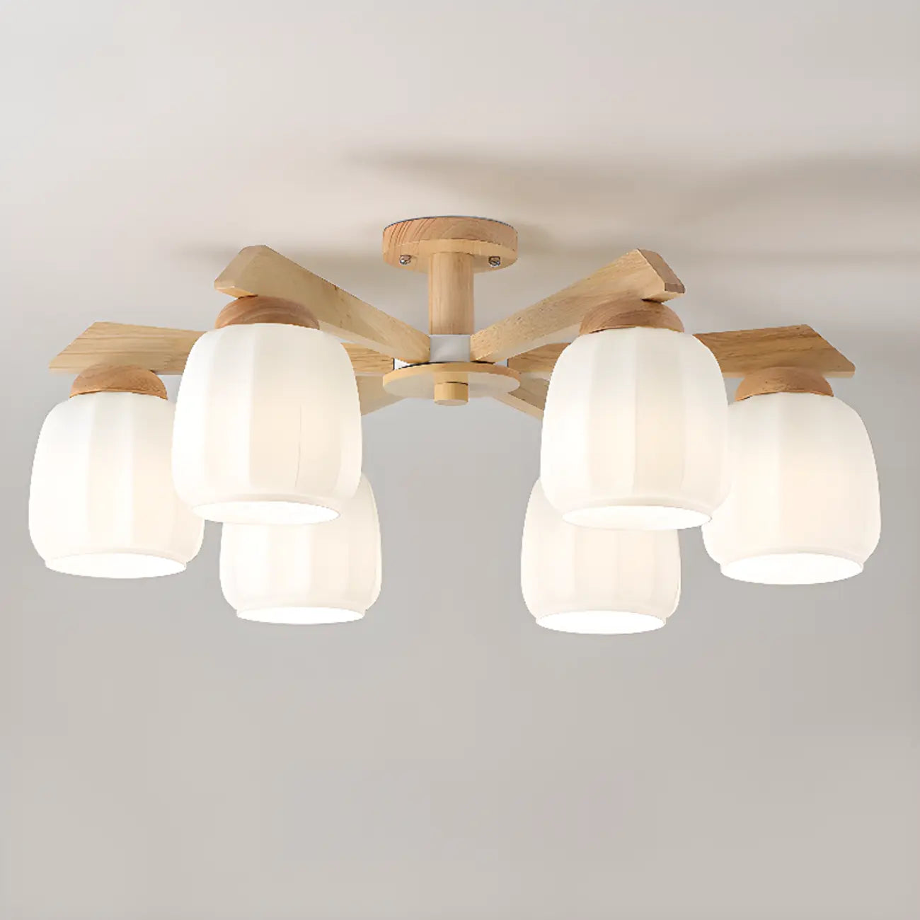 Scandinavian White Glass Jar Wooden Semi Flush Ceiling Light