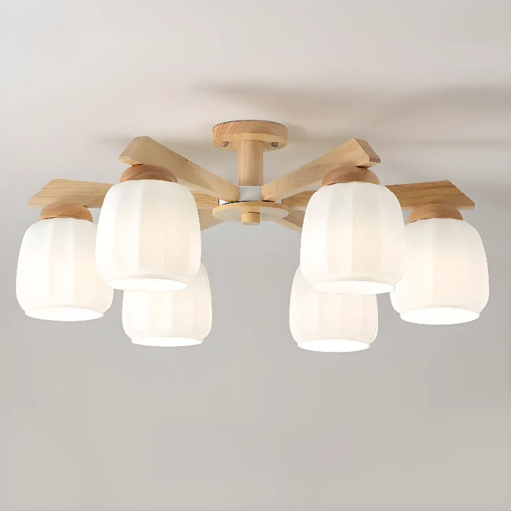 Scandinavian White Glass Jar Wooden Semi Flush Ceiling Light