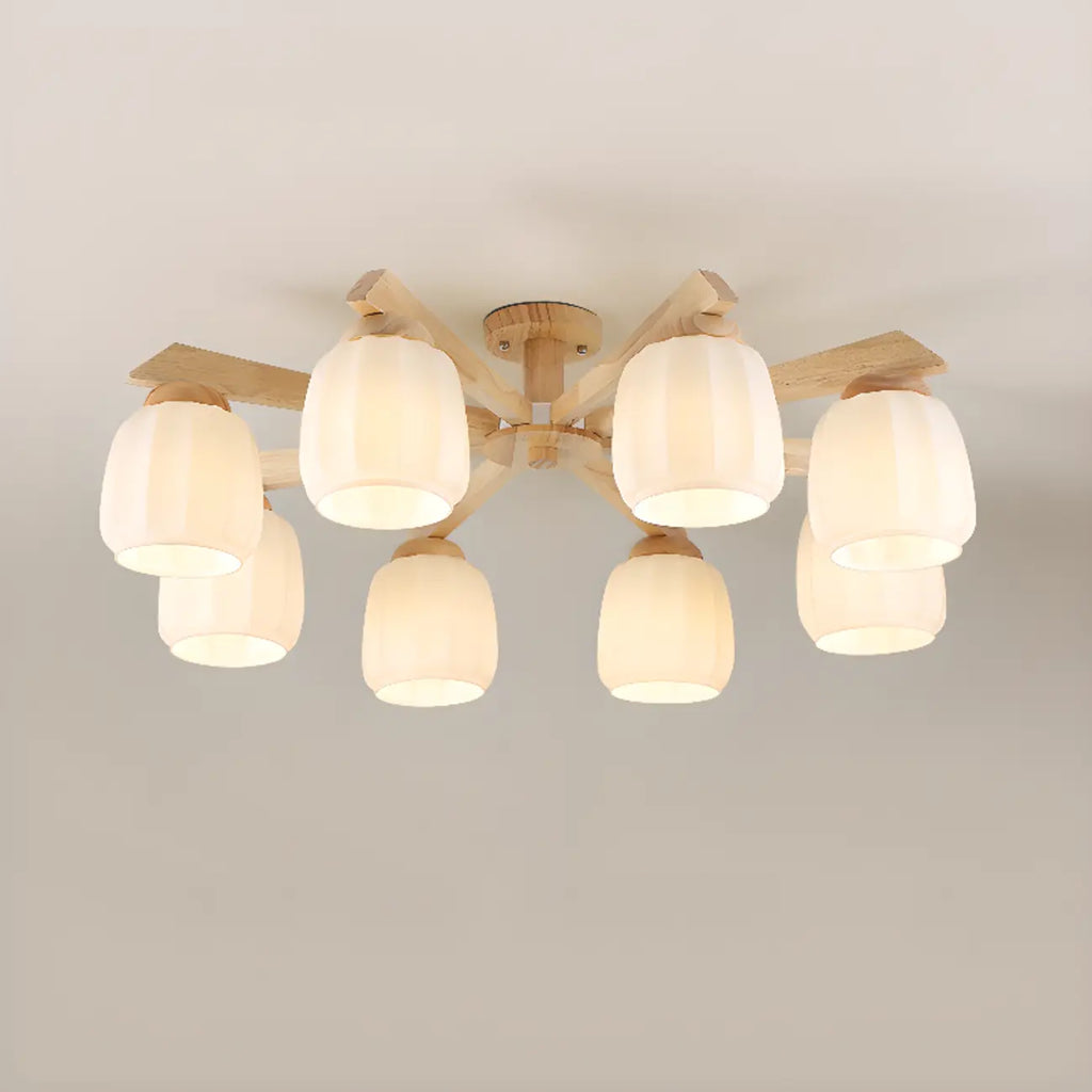 Scandinavian White Glass Jar Wooden Semi Flush Ceiling Light