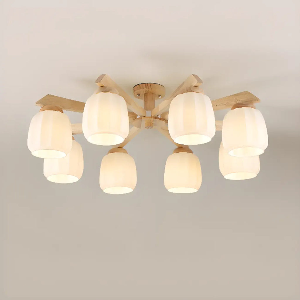 Scandinavian White Glass Jar Wooden Semi Flush Ceiling Light