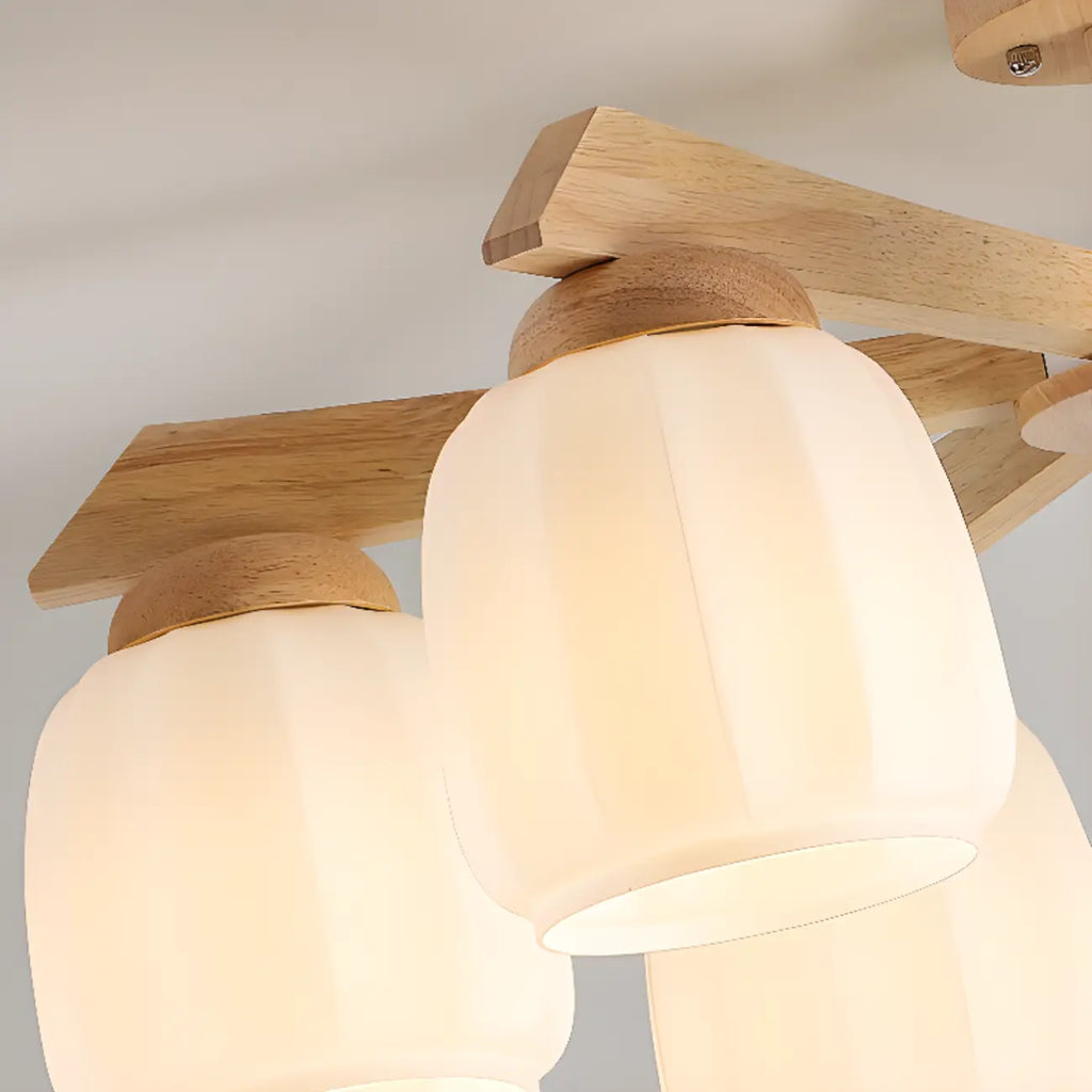 Scandinavian White Glass Jar Wooden Semi Flush Ceiling Light