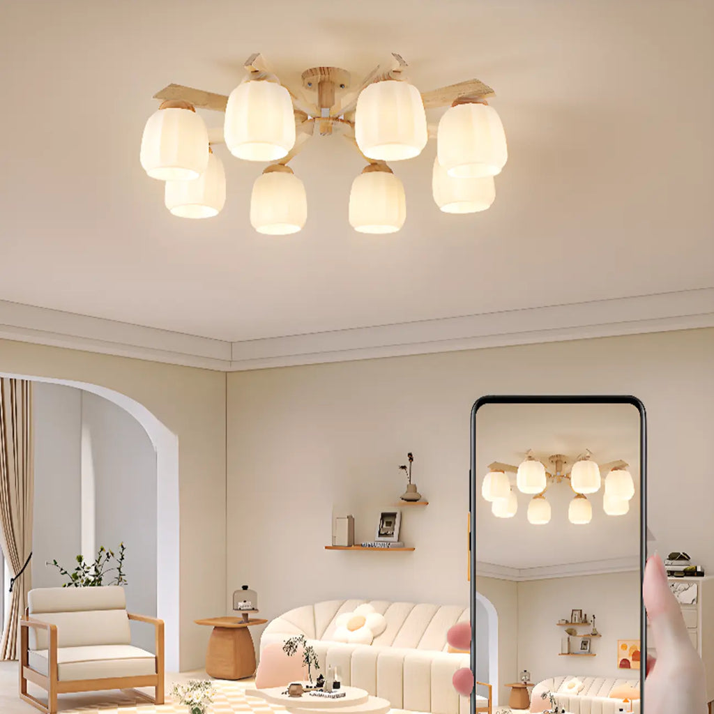 Scandinavian White Glass Jar Wooden Semi Flush Ceiling Light