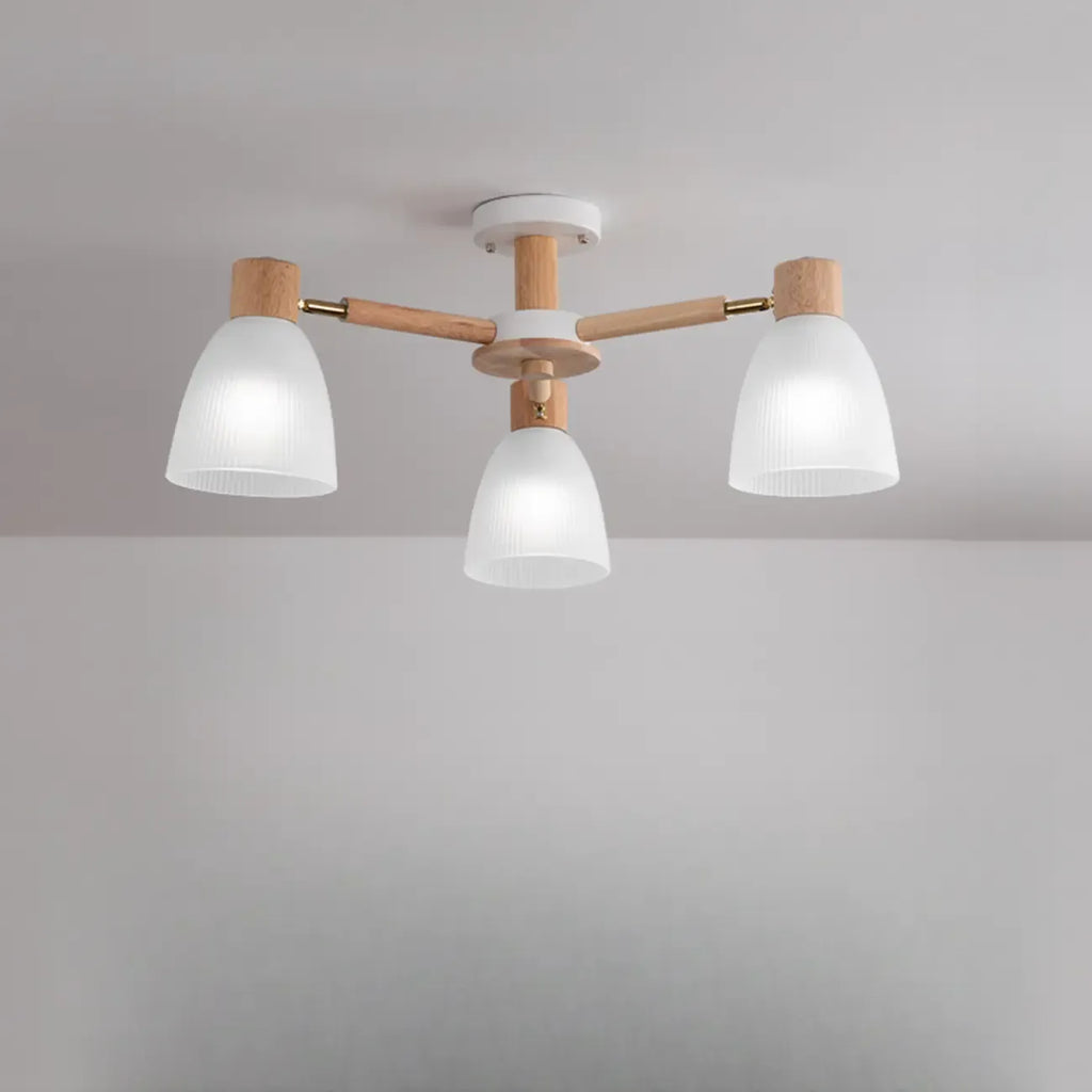 Natural White Cone Glass Wooden Semi Flush Mount Ceiling Light