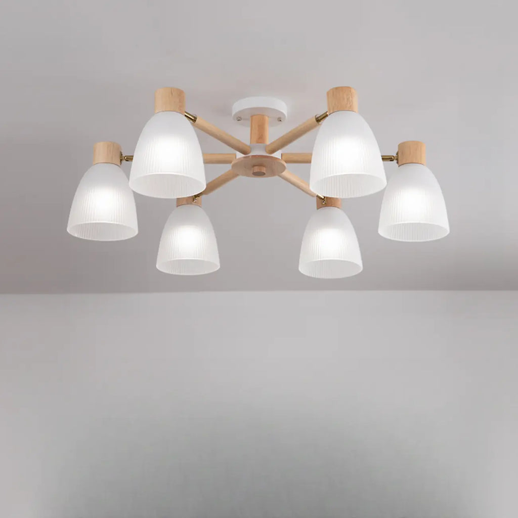 Natural White Cone Glass Wooden Semi Flush Mount Ceiling Light