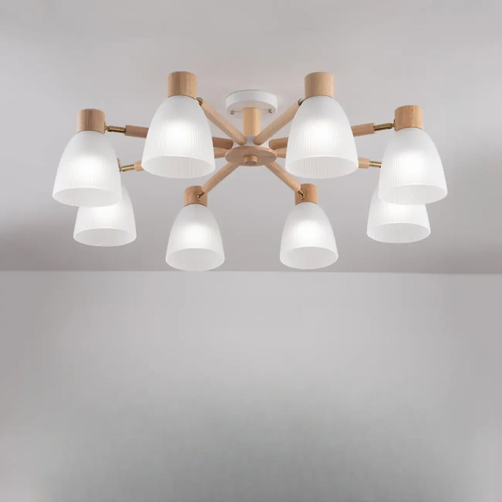 Natural White Cone Glass Wooden Semi Flush Mount Ceiling Light