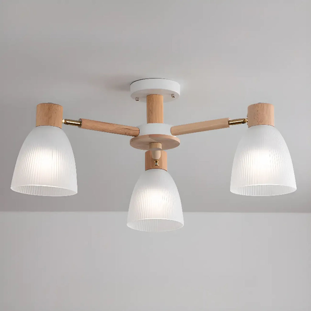 Natural White Cone Glass Wooden Semi Flush Mount Ceiling Light