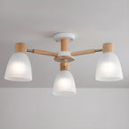 Natural White Cone Glass Wooden Semi Flush Mount Ceiling Light