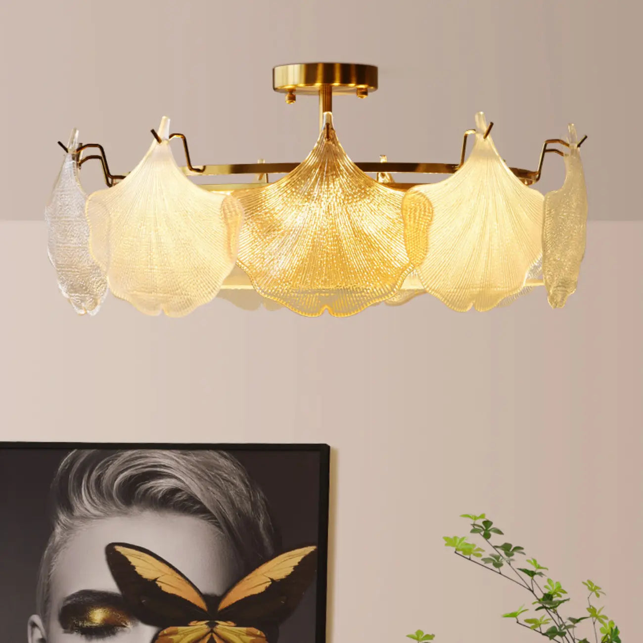 Modern Glass Leaf Shape Gold Semi Flush Ceiling Light