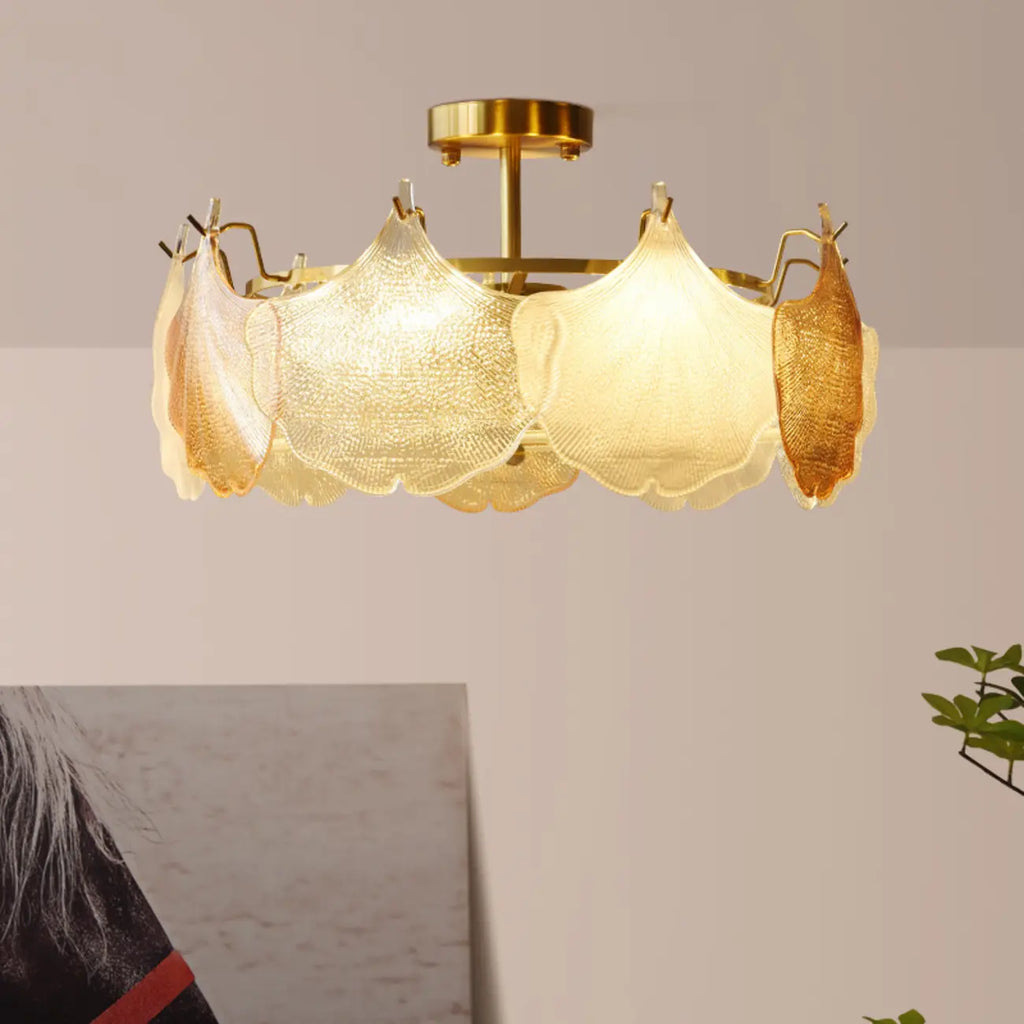Modern Glass Leaf Shape Gold Semi Flush Ceiling Light