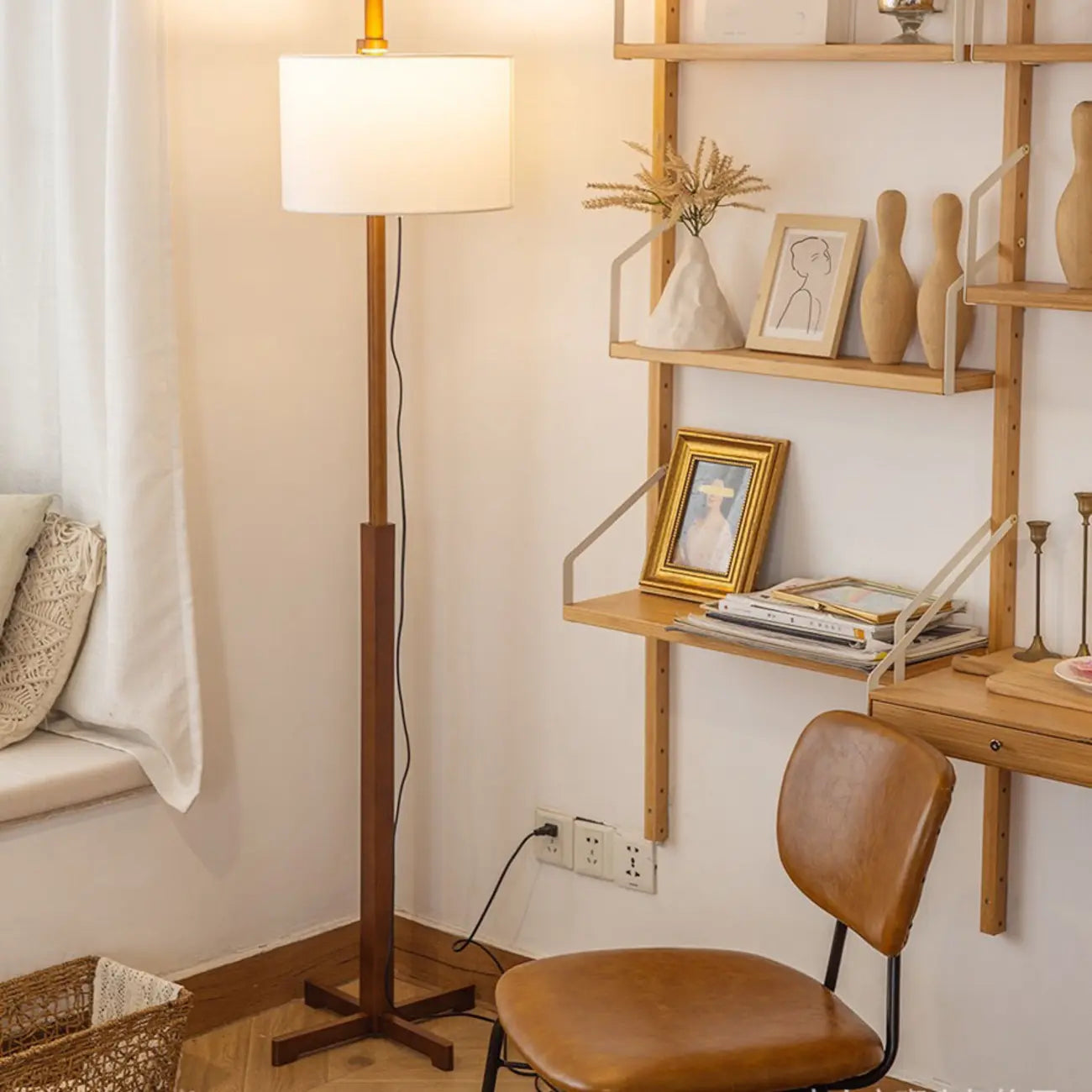 Modern Wooden Floor Lamp Fabric Shade Plug-In for Living Room