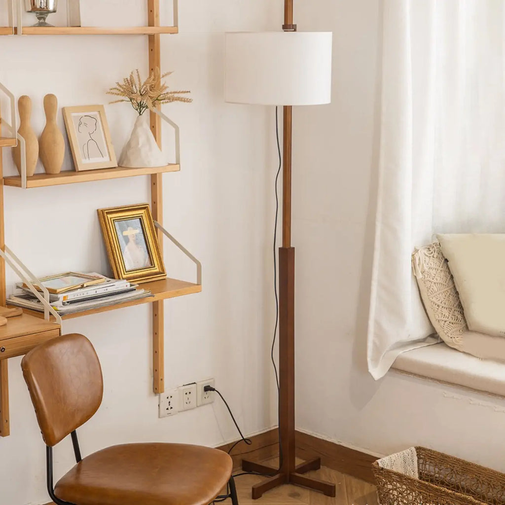 Modern Wooden Floor Lamp Fabric Shade Plug-In for Living Room
