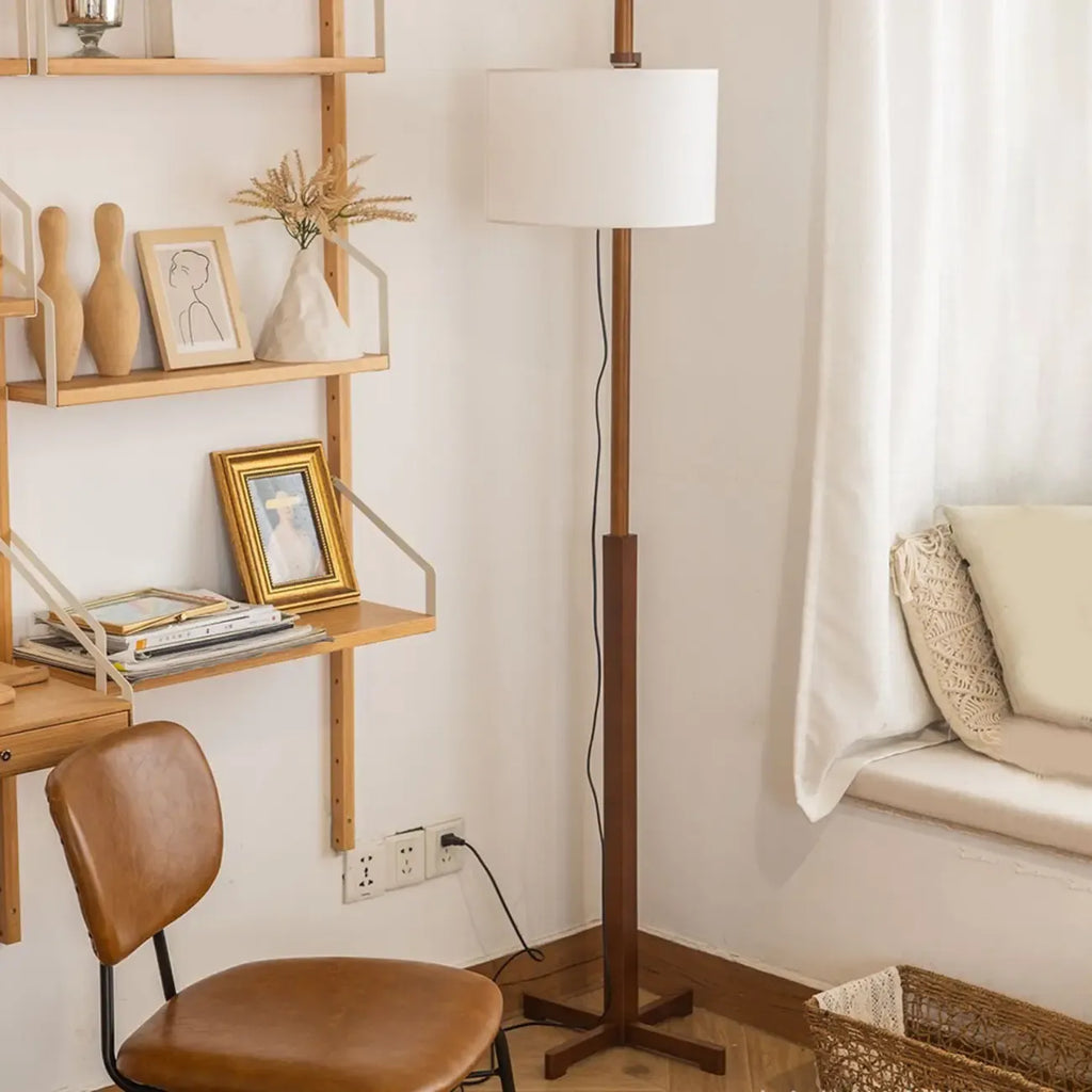 Modern Wooden Floor Lamp Fabric Shade Plug-In for Living Room