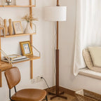 Modern Wooden Floor Lamp Fabric Shade Plug-In for Living Room
