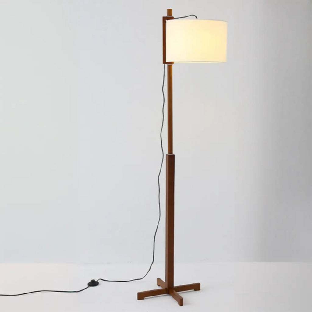 Modern Wooden Floor Lamp Fabric Shade Plug-In for Living Room
