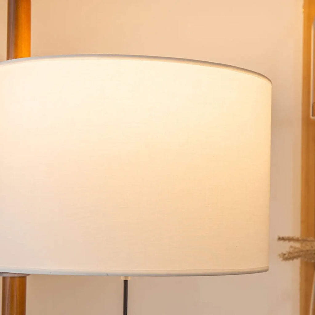 Modern Wooden Floor Lamp Fabric Shade Plug-In for Living Room