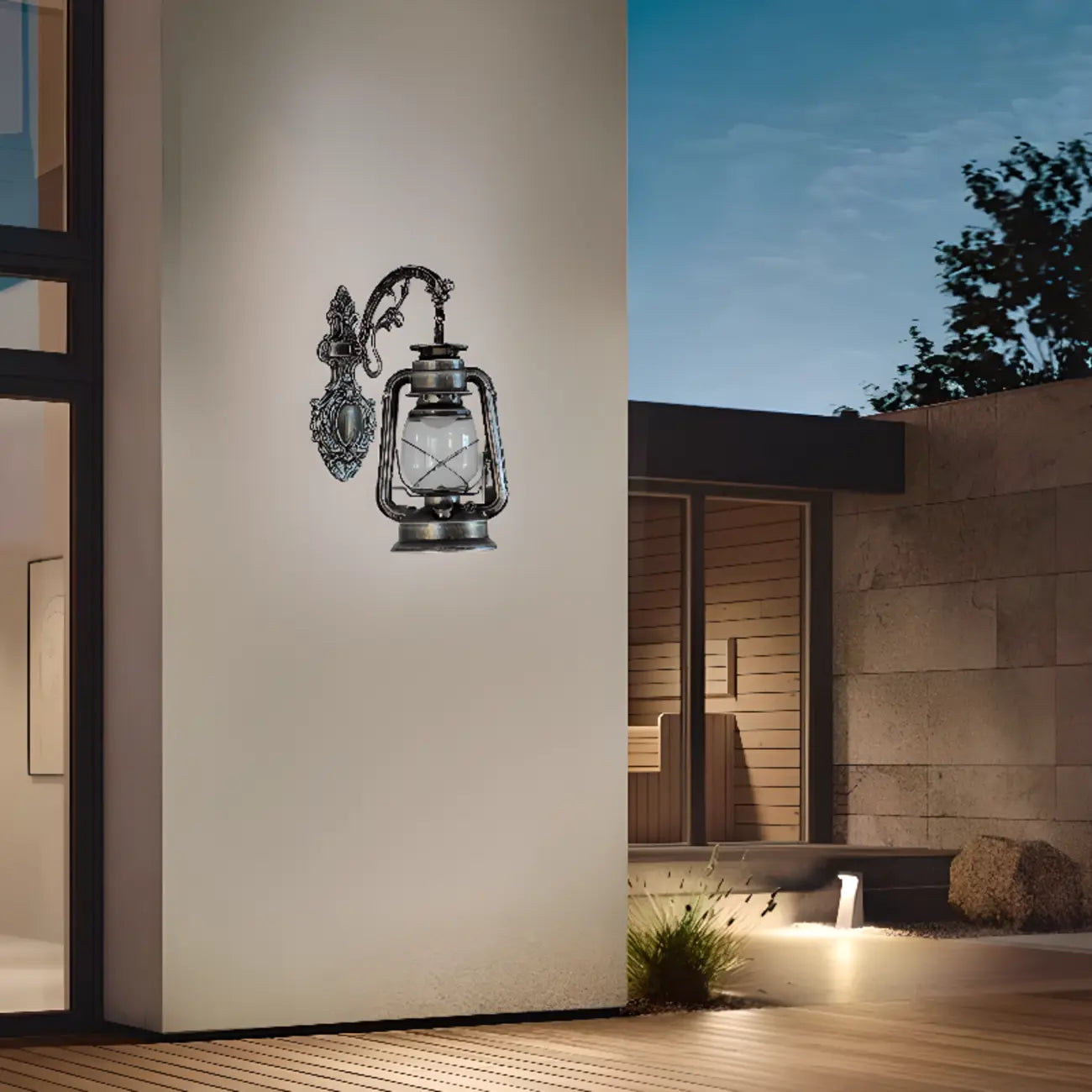 Industrial Silver Glass Shade Outdoor Wall Lantern Light