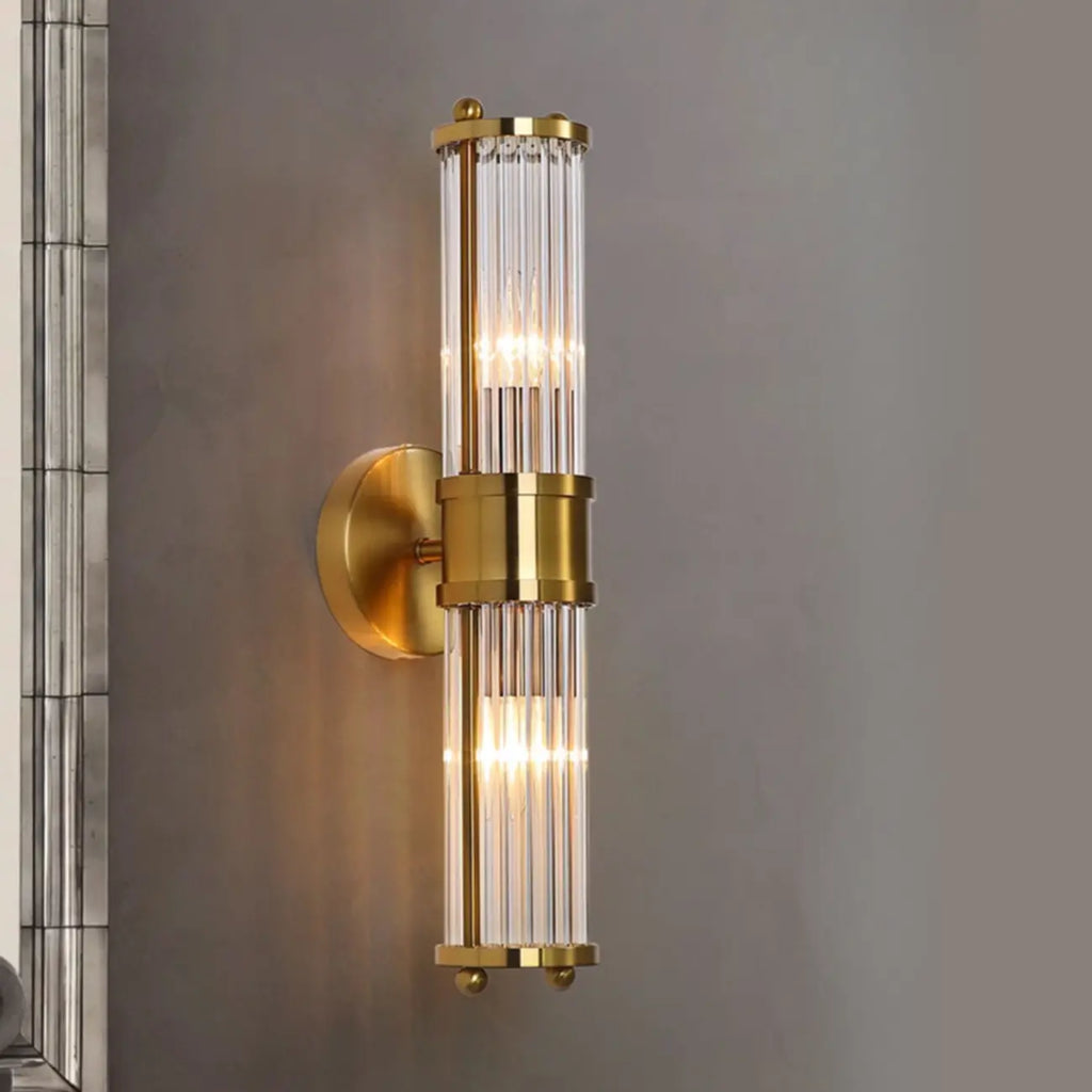Vertical Brass Glass Cylinder Wall Sconce