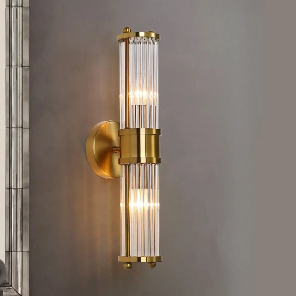 Vertical Brass Glass Cylinder Wall Sconce