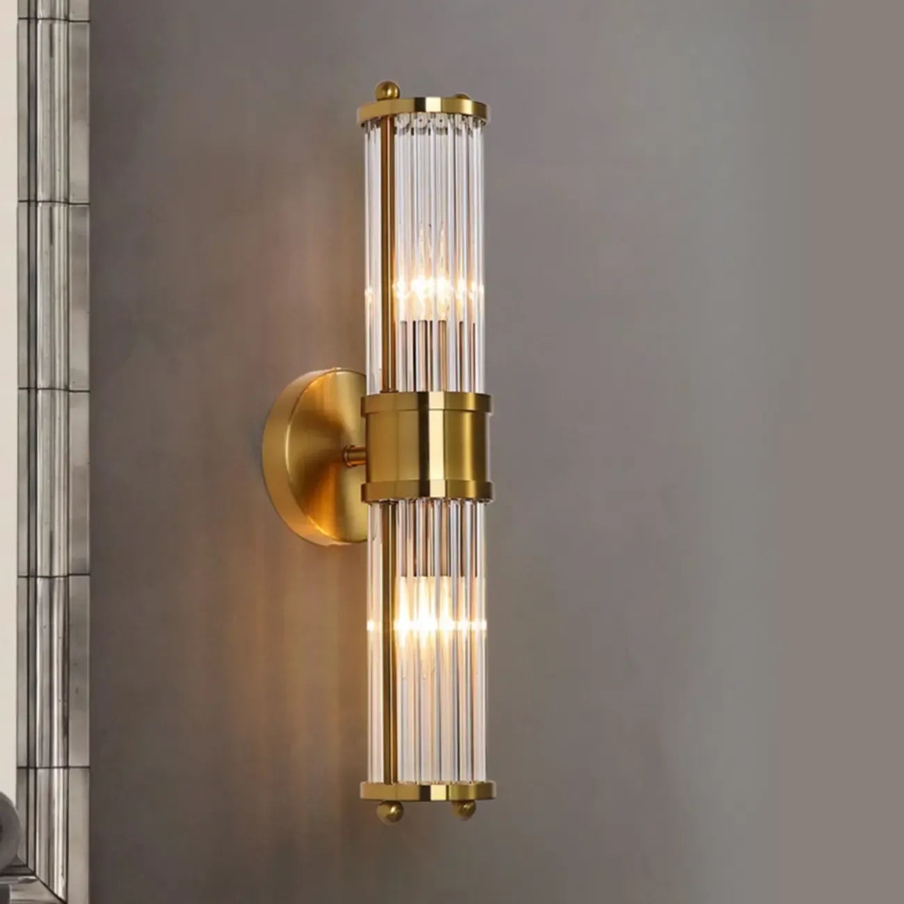 Vertical Brass Glass Cylinder Wall Sconce