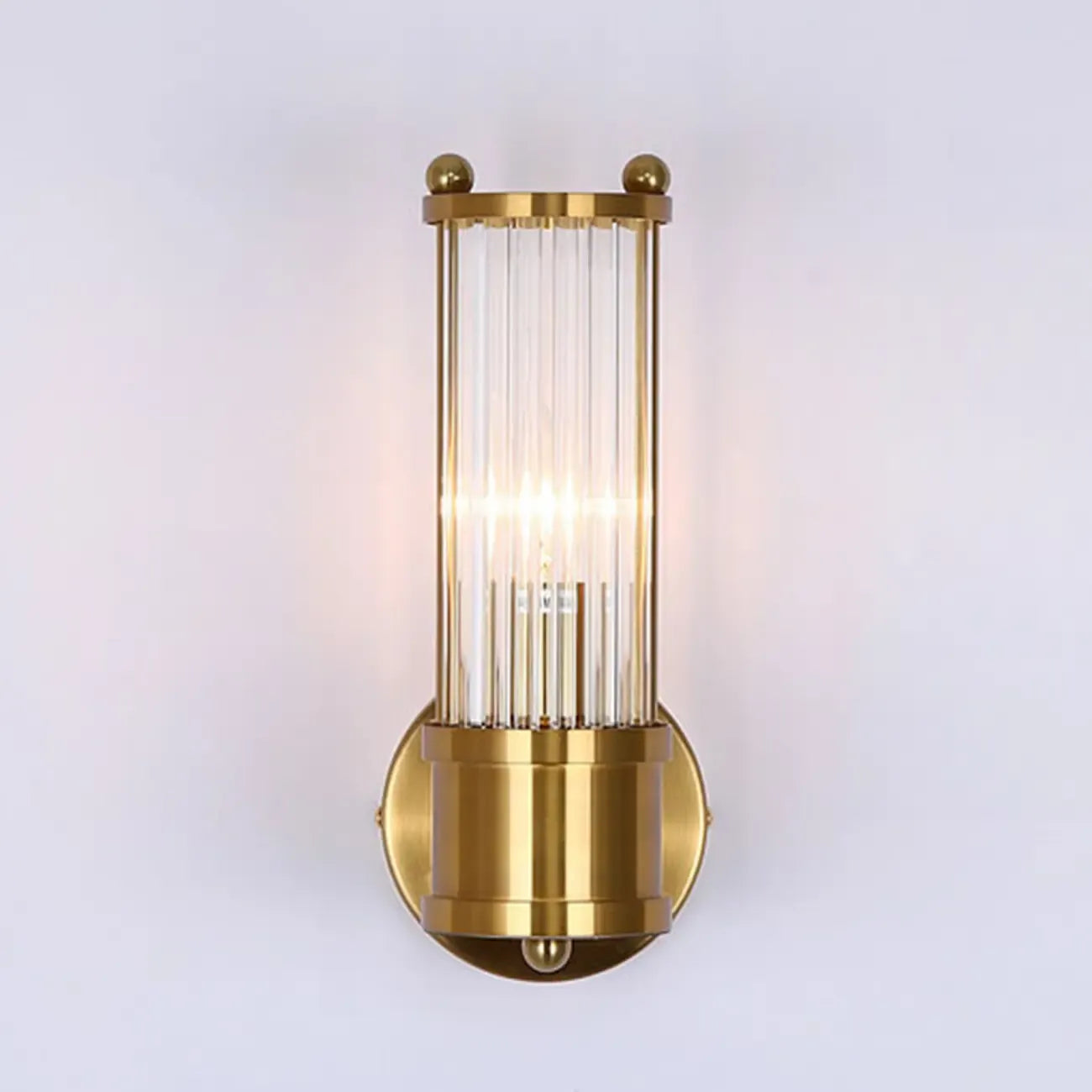 Vertical Brass Glass Cylinder Wall Sconce