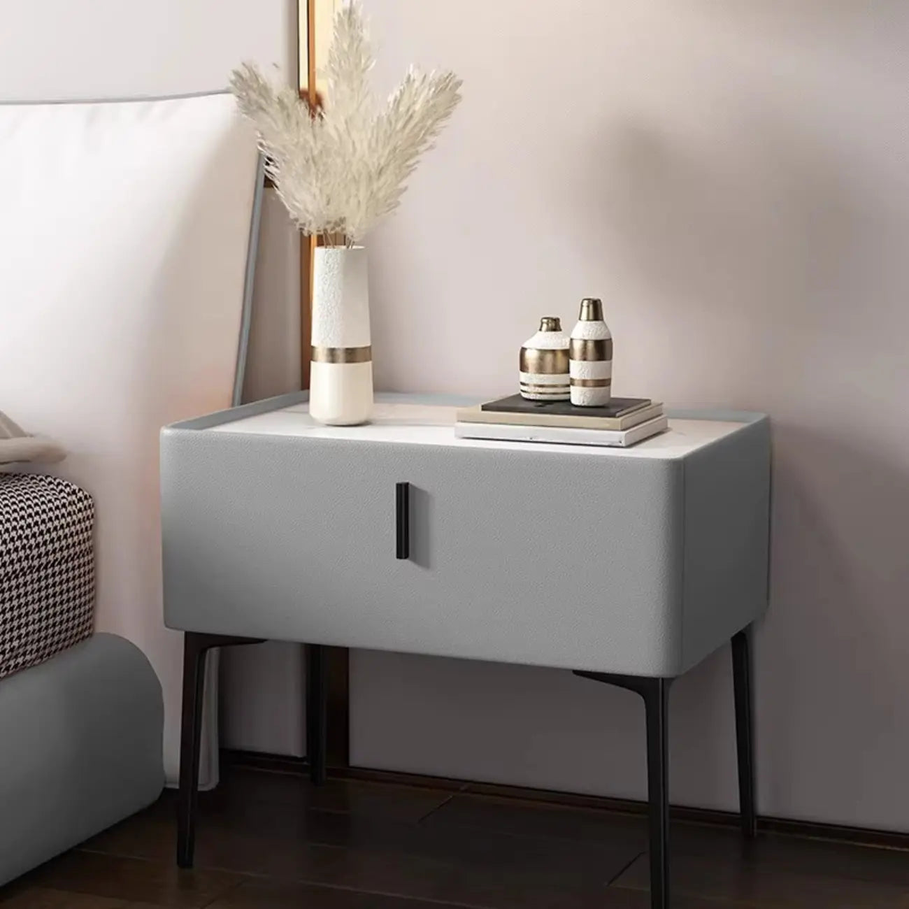 Modern 1 Tier Drawer Nightstand with Faux Marble Countertop