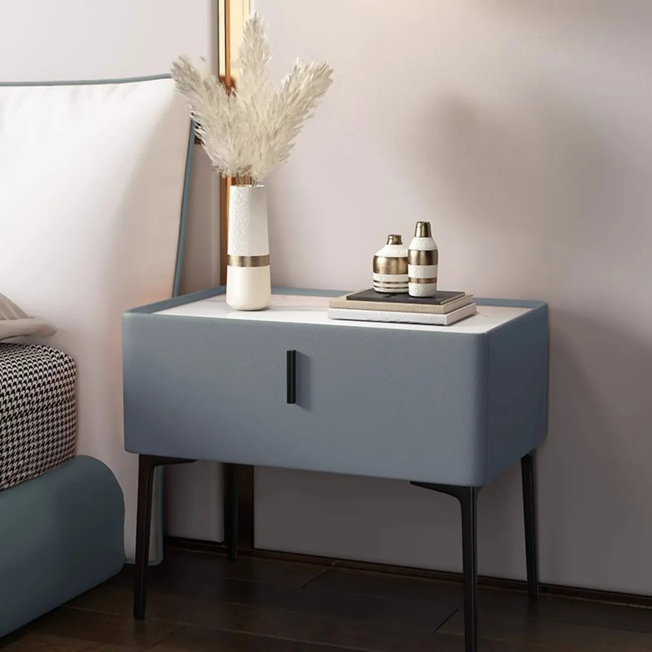 Modern 1 Tier Drawer Nightstand with Faux Marble Countertop