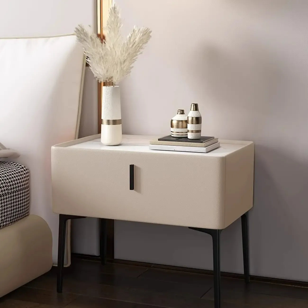Modern 1 Tier Drawer Nightstand with Faux Marble Countertop