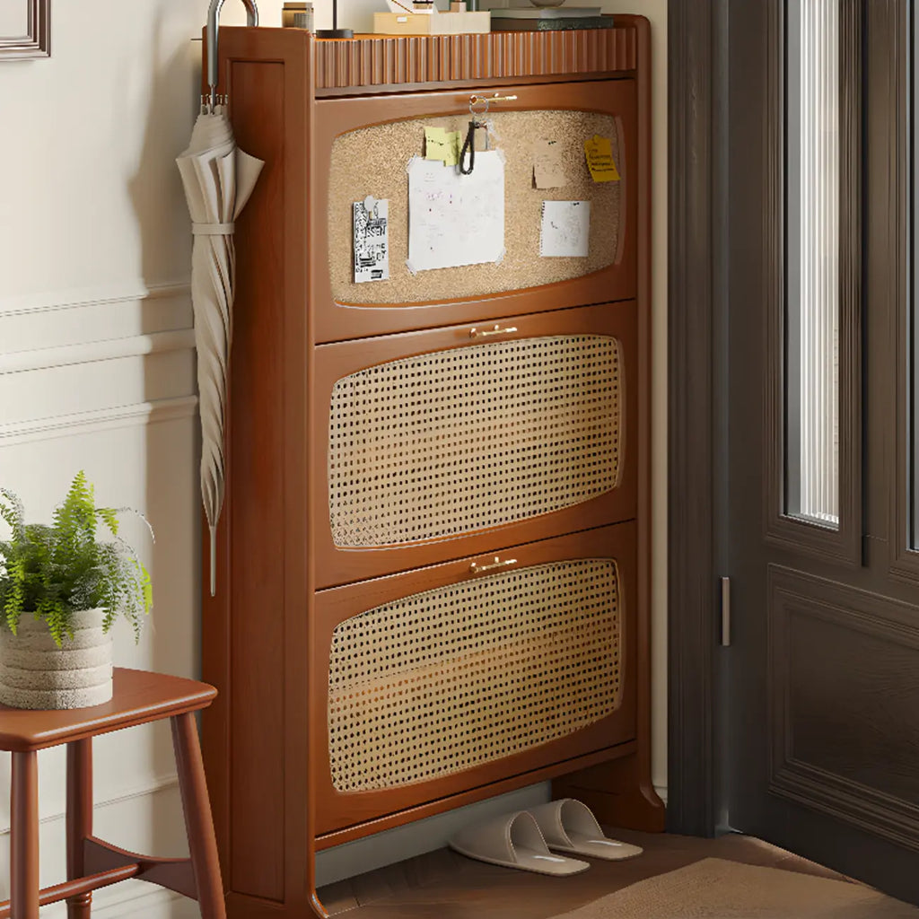 Entryway 3-Tier Drop-Front Rattan Solid Wood Shoe Cabinet