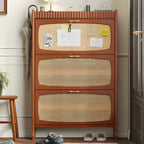 Entryway 3-Tier Drop-Front Rattan Solid Wood Shoe Cabinet